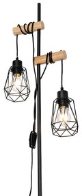 Lampă de podea rustică neagră cu lemn 2 lumini cu abajur - Dami Frame