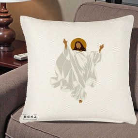 Perna Decorativa Iisus Hristos Invierea Silueta Minimalista, 40x40 cm, Crem Reliefat, Husa Detasabila, Perna Inclusa, BEKZ®
