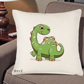 Perna Decorativa Brontosaur Verde Simpatic, 40x40 cm, Crem Reliefat, Husa Detasabila, Perna Inclusa, BEKZ®