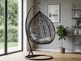 Scaun suspendat negru KOKON cu suport, perna alb-gri