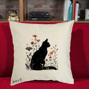 Perna Decorativa Pisica Neagra Profil Flori Portocalii, 40x40 cm, Ecru, Husa Detasabila, Perna Inclusa, BEKZ®