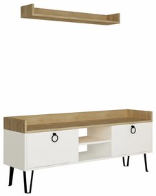 Set Comoda TV si Raft de Perete Keday, Alb / Stejar