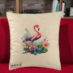 Perna Decorativa Flamingo cu Flori Tropicale Acuarela, 40x40 cm, Bej, Husa Detasabila, Perna Inclusa, BEKZ®