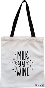 Sacosa de Panza pentru Cumparaturi, Geanta Tote, model Milk eggs wine, Cu fermoar, 38x34.5 cm, Alba, BEKZ®