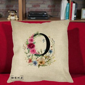 Cadou Personalizat - Perna Personalizata Monogram Litera O cu Flori Acuarela, 40x40 cm, Crem, Husa Detasabila, Perna Inclusa, BEKZ®