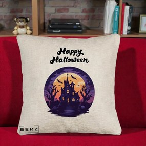 Perna Decorativa Happy Halloween Casa Bantuita Violet, 40x40 cm, Bej Canapea, Husa Detasabila, Perna Inclusa, BEKZ®
