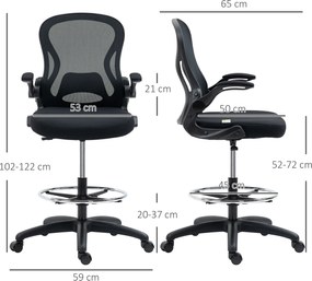 Vinsetto Scaun de Birou Ergonomic, Scaun Rotativ din Plasă, Reglabil pe Înălțime cu Suport pentru Picioare și Cotiere Rabatabile, Capacitate 120kg, Negru | Aosom Romania
