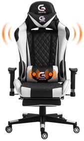 Scaun gaming cu masaj în perna lombară, sezut benzi elastice sustinere, cotiere 3D, suport picioare, funcție sezlong, Negru/Alb