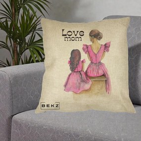 Cadou pentru Mama - Perna Personalizata Love Mom Rochii Roz, 40x40 cm, Crem, Husa Detasabila, Perna Inclusa, BEKZ®