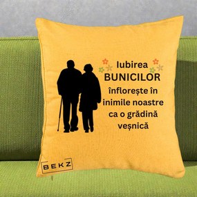 Cadou pentru Bunici - Perna Personalizata Bunicii Iubirea Infloreste Silueta Neagra Flori, 40x40 cm, Galben, Husa Detasabila, Perna Inclusa, BEKZ®