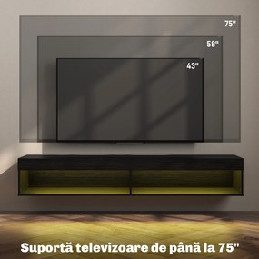 HOMCOM Suport TV Plutitor cu Lumini LED pentru Televizoare de Până la 190 cm, Consolă Media cu Raft de Depozitare, 180x40x30 cm, Negru | Aosom Romania