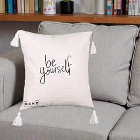 Perna Decorativa Be Yourself Caligrafie Neagra, 40x40 cm, Bej cu Franjuri, Husa Detasabila, Perna Inclusa, BEKZ®