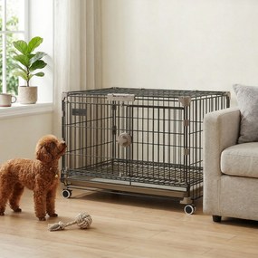 PawHut Cușcă pliabilă pentru câini, Tavă detașabilă, Roți cu frâne, Acoperiș rabatabil, Ușă pentru hrănire, 60,5x45,5x54,5cm, Negru | Aosom Romania