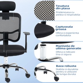 Vinsetto Scaun de Birou Ergonomic și Reglabil cu Tetieră, Negru | Aosom Romania
