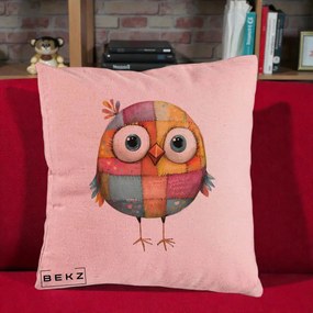Perna Decorativa Pasare Patchwork Colorata, 40x40 cm, Roz, Husa Detasabila, Perna Inclusa, BEKZ®