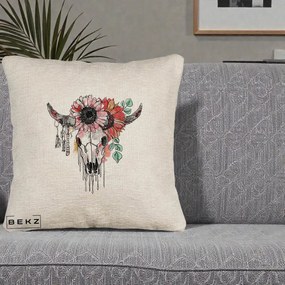 Perna Decorativa Craniu Boho Floral, 40x40 cm, Bej Canapea, Husa Detasabila, Perna Inclusa, BEKZ®