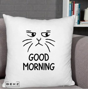 Perna Decorativa Pisica Morocanoasa Good Morning, 40x40 cm, Alb Pufos, Husa Detasabila, Perna Inclusa, BEKZ®