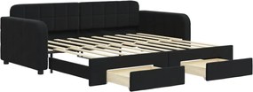vidaXL Pat de zi cu extensie și sertare, negru, 90x190 cm, catifea