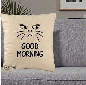 Perna Decorativa Pisica Morocanoasa Good Morning, 40x40 cm, Bej, Husa Detasabila, Perna Inclusa, BEKZ®