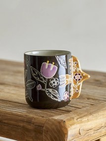 Set 4 cești din ceramică artizanală, multicolor, pictate manual cu motive florale, cu toartă sculptată în formă de pasăre, 8,5x9,5 cm, „Vivielle"