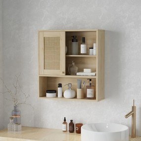 HOMCOM Armoire murale, mobilier suspensie baie cu ușă glisantă din răchită și rafturi deschise, lemn natural | Aosom Romania