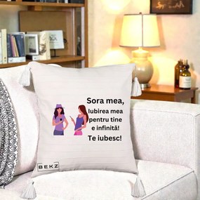 Cadou pentru Sora - Perna Personalizata Sora Mea Te Iubesc Doua Fete cu Telefoane, 40x40 cm, Bej cu Franjuri, Husa Detasabila, Perna Inclusa, BEKZ®