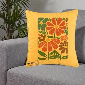 Perna Decorativa Flori Grafice Colorate Retro, 40x40 cm, Galben, Husa Detasabila, Perna Inclusa, BEKZ®