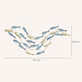 HOMCOM Artă de Perete cu Banc de Pești și Șuruburi Incluse pentru Casă și Birou, Decor Metalic, 99,7x3,8x50,2 cm, Auriu și Albastru | Aosom Romania
