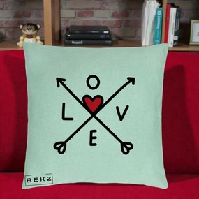 Perna Decorativa Love cu Sageti Incrucisate si Inima Rosie, 40x40 cm, Verde Menta, Husa Detasabila, Perna Inclusa, BEKZ®