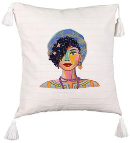 Perna Decorativa cu Franjuri, Model Colorful Fashion, 45x45 cm, Ecru, Cu fermoar