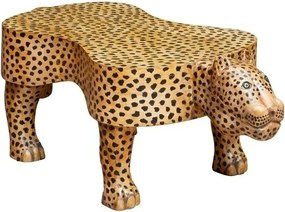 Măsuță de cafea din lemn de mango sculptat și pictat manual, maro, panteră cu imprimeu leopard, 45 x 120,5 x 60 cm, „Panthera”