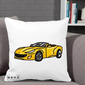 Perna Personalizata Masina Cabriolet Galbena Grafic, 40x40 cm, Alba Mata, Husa Detasabila, Perna Inclusa, BEKZ®