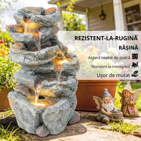 Outsunny Fântână de exterior cu design de rocă în 6 niveluri, cascadă de apă cu lumini LED, debit reglabil, gri | Aosom Romania