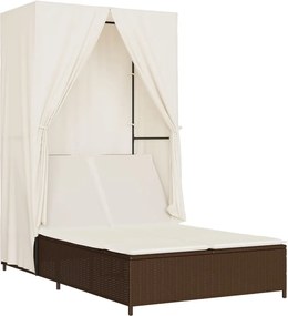vidaXL Șezlong de plajă dublu cu acoperiș și perdele, maro, poliratan