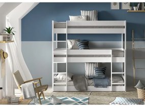 Pat supraetajat triplu pentru copii SCOTT, alb, 90 x 200 cm, din pin scandinav masiv, cu 3 spații de dormit – Vipack