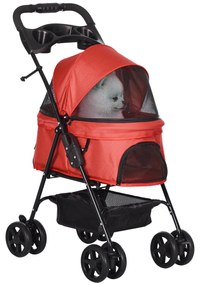 PawHut Cărucior buggy pliabil câine pisică coș depozitare suporturi pahare țesătură Oxford 300D impermeabilă 4 roți roșu | Aosom Romania