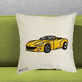 Perna Personalizata Masina Cabriolet Galbena Grafic, 40x40 cm, Ecru, Husa Detasabila, Perna Inclusa, BEKZ®