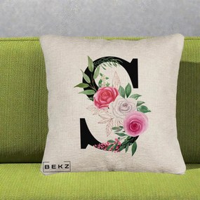 Cadou Personalizat - Perna Personalizata Monograma Florala Litera S, 40x40 cm, Bej Canapea, Husa Detasabila, Perna Inclusa, BEKZ®