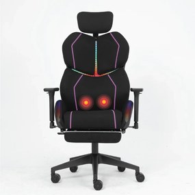 LUMINA X-Motion Pro –Scaun Gaming & Office Premium cu LED RGB, Masaj Lombar, Translatie Sezut și Suport pentru Picioare – Confort Inteligent și Design Spectaculos, Textil, Negru/Mov