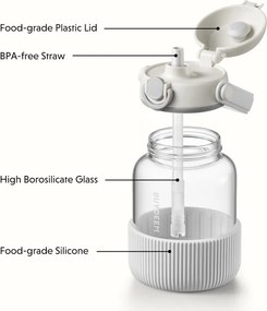 Sticlă portabilă pentru băuturi BUYDEEM DG710-OW, 1 l, Paie retractabilă, Mâner, Sticlă rezistentă la temperaturi de până la 150 °C, Triplă etanșare, Alb