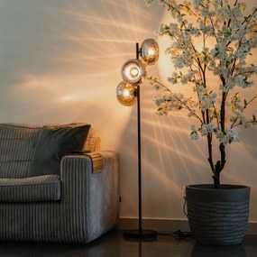 Lampă de podea Art Deco neagră cu sticlă fumurie cu 3 lumini - Ayesha