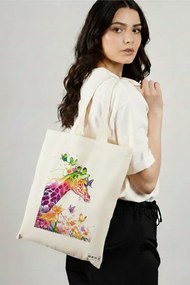 Sacosa de Panza pentru Cumparaturi, Geanta Tote, model Colorful Giraffe, 38x34.5 cm, Alba, BEKZ®
