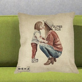 Cadou pentru Mama - Perna Personalizata Super Mom Acuarela, 40x40 cm, Crem, Husa Detasabila, Perna Inclusa, BEKZ®