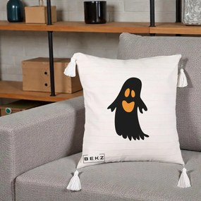 Perna Decorativa Halloween Fantoma Neagra cu Ochi Portocalii, 40x40 cm, Bej cu Franjuri, Husa Detasabila, Perna Inclusa, BEKZ®