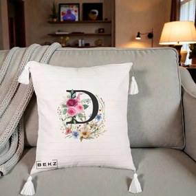 Cadou Personalizat - Perna Personalizata Monogram Litera D cu Flori Acuarela, 40x40 cm, Bej cu Franjuri, Husa Detasabila, Perna Inclusa, BEKZ®