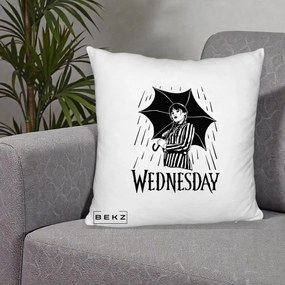 Perna Personalizata Wednesday cu Umbrela Ploaie Lineart, 40x40 cm, Alb Pufos, Husa Detasabila, Perna Inclusa, BEKZ®