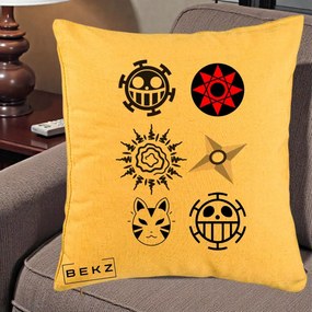 Perna Personalizata Simboluri Anime Mix - Naruto One Piece, 40x40 cm, Galben, Husa Detasabila, Perna Inclusa, BEKZ®