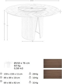 Masa rotunda cu blat central pivotant design LUX Walnut 150cm