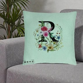 Cadou Personalizat - Perna Personalizata Monogram Litera R cu Flori Acuarela, 40x40 cm, Verde Menta, Husa Detasabila, Perna Inclusa, BEKZ®