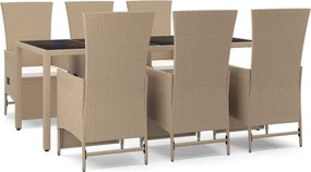 vidaXL Set de masă pentru grădină, 7 piese, cu perne, bej, poliratan